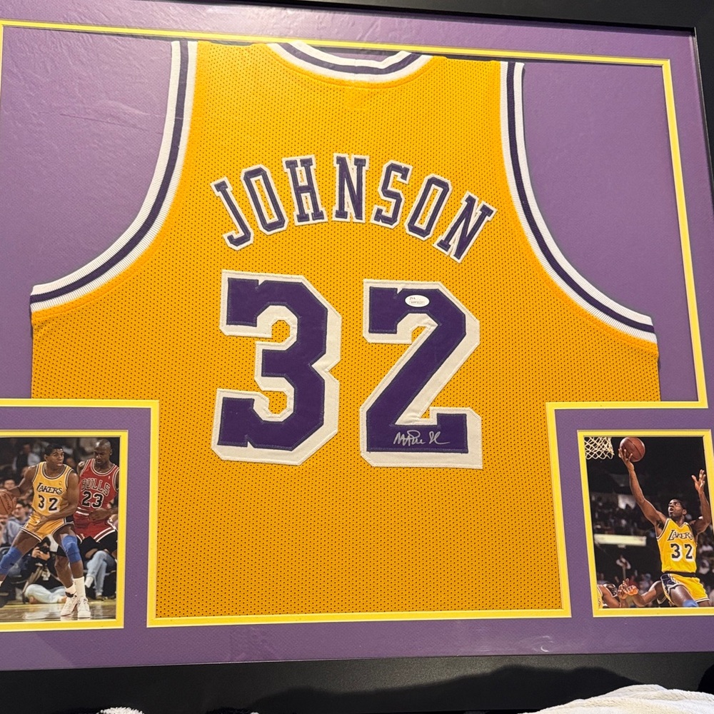Johnson 32 Framed Basketball Jersey - Yellow and Purple